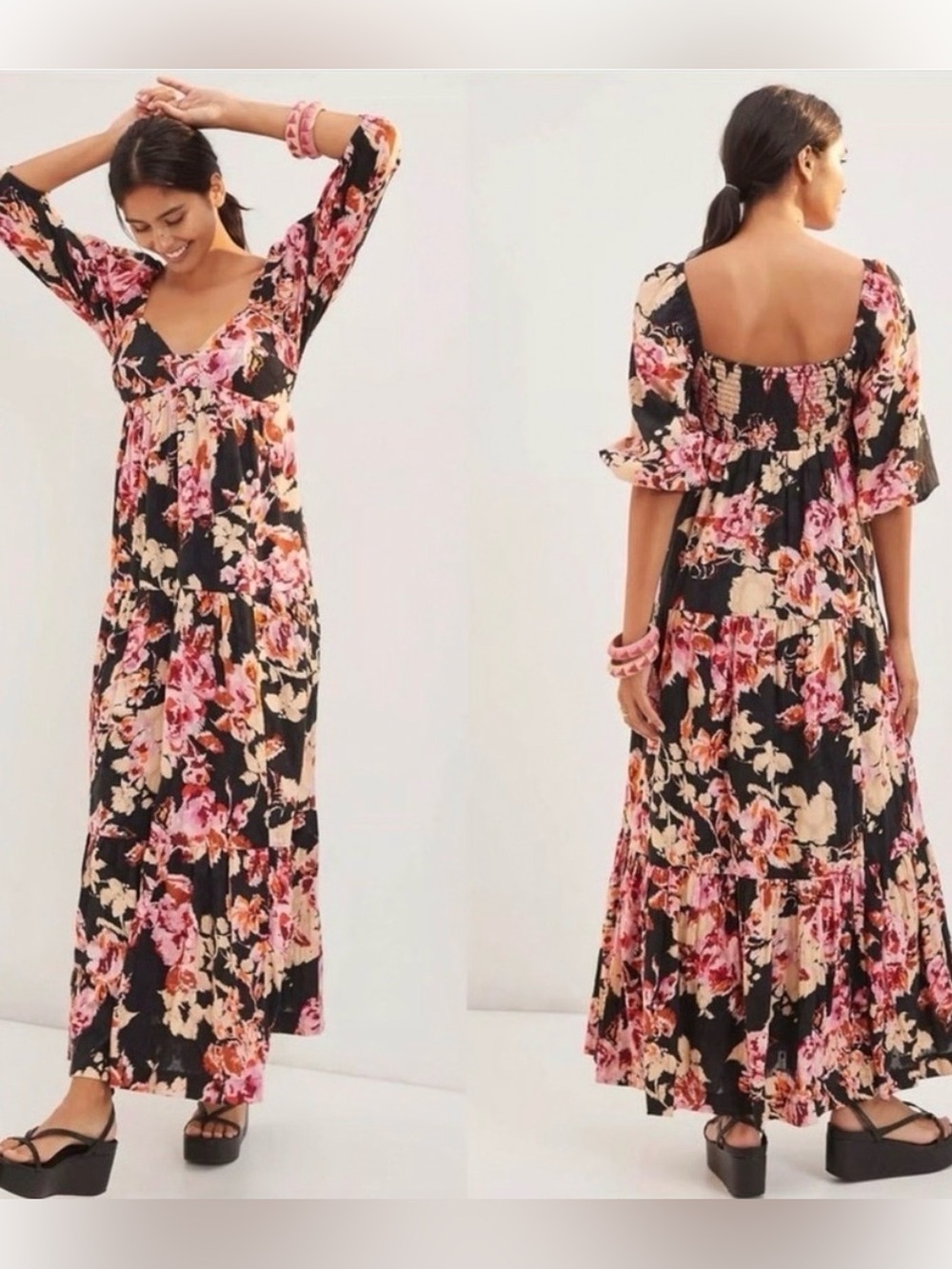 Anthropologie Blossom Maxi Dress Puff Sleeve V Neck Black Garden Party Small - Picture 2 of 10